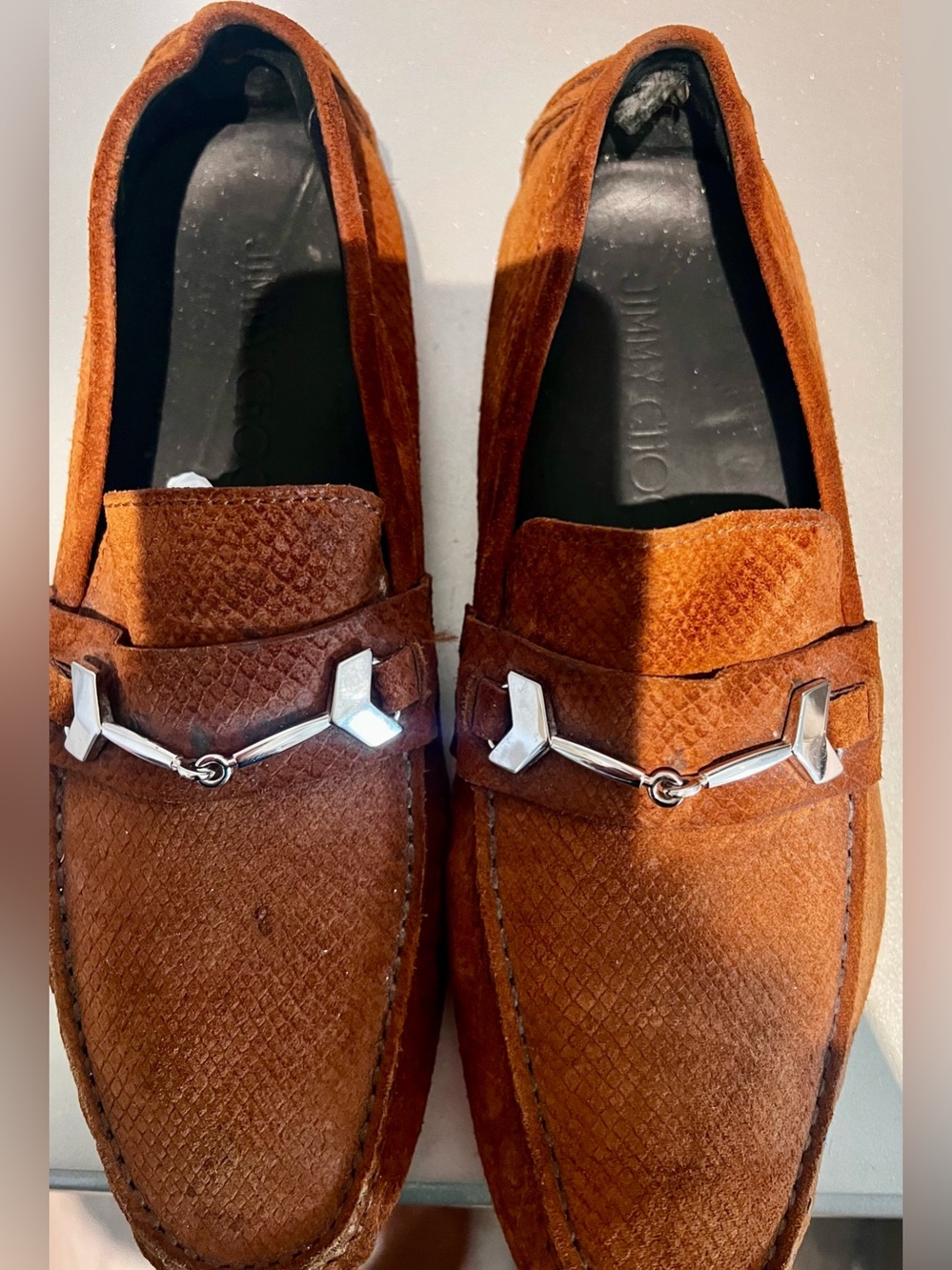 Jimmy Choo Men's Suede Loafers in Rust Orange with Silver Hardware